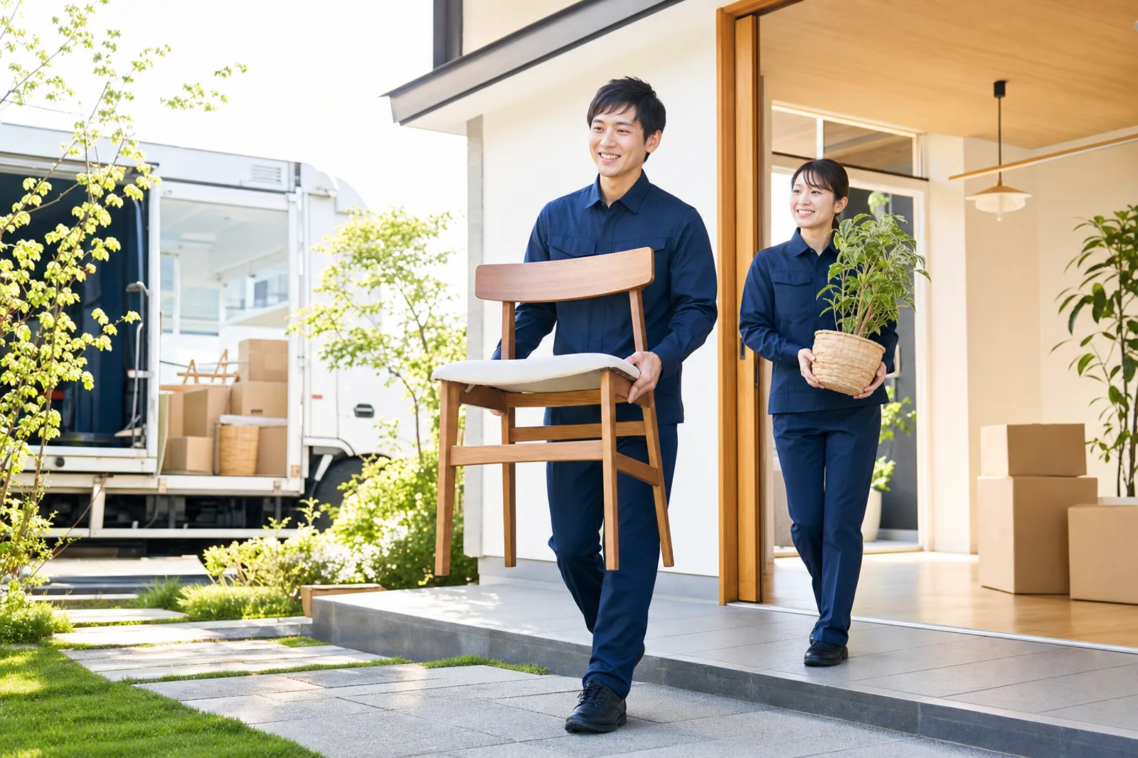 家具と植物を丁寧に運ぶスタッフのイメージ